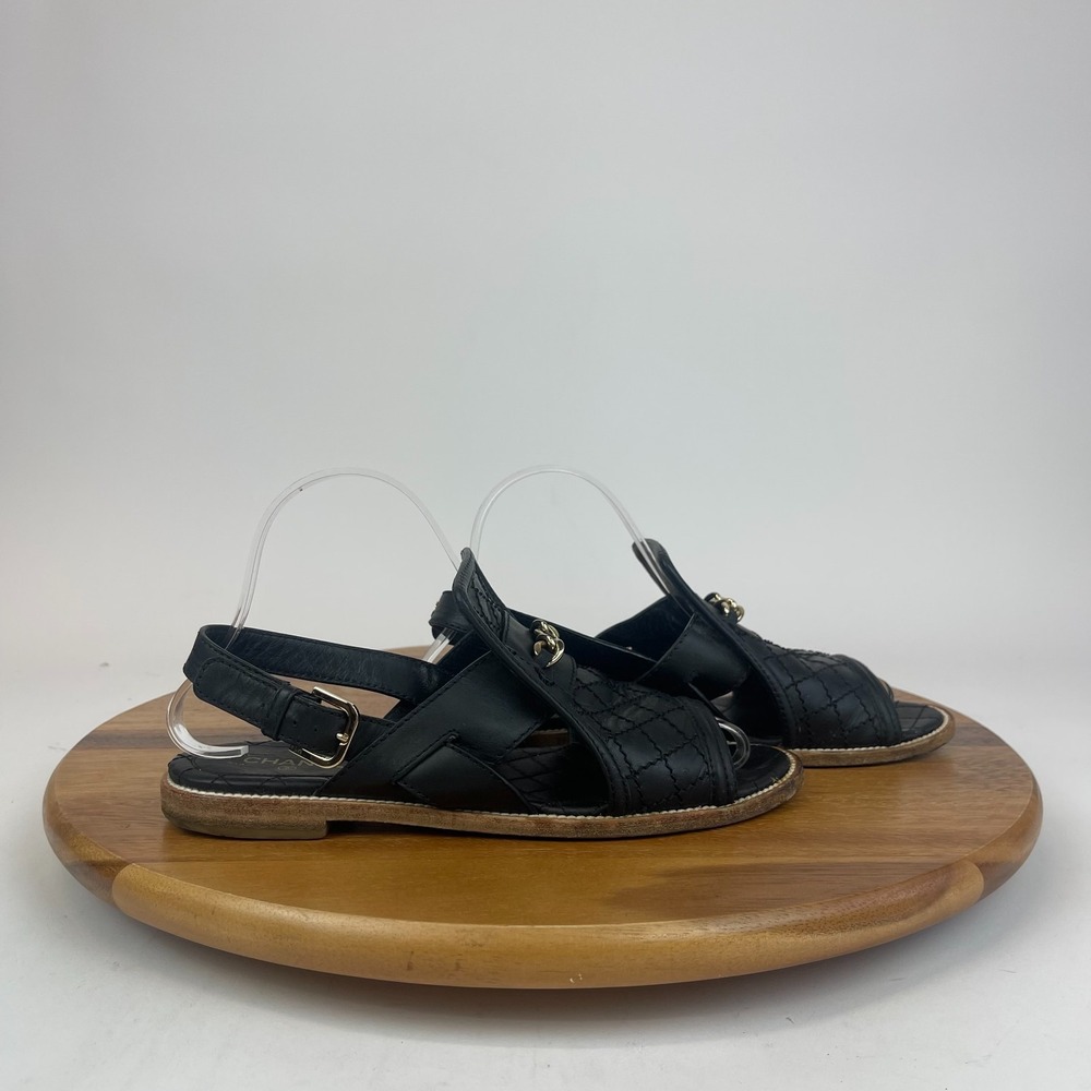Womens Chanel Black Leather‎ Quilted Ankle Strap Sandals Size EU 38 US 8 M GUC